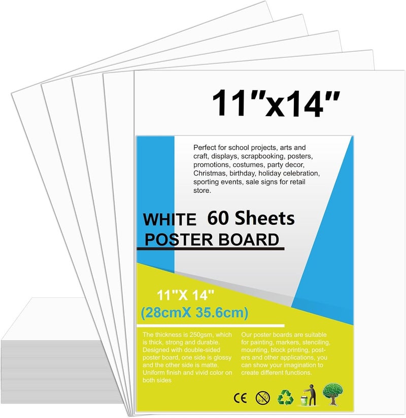 rookea 60 Pcs White Poster Board Paper 11x 14 Bulk, Vision Boards Blank Poster Paper for School Arts and Crafts, Classroom Projects, Presentations, Drawing, Scrapbooking, Graphic Displays - Image 1